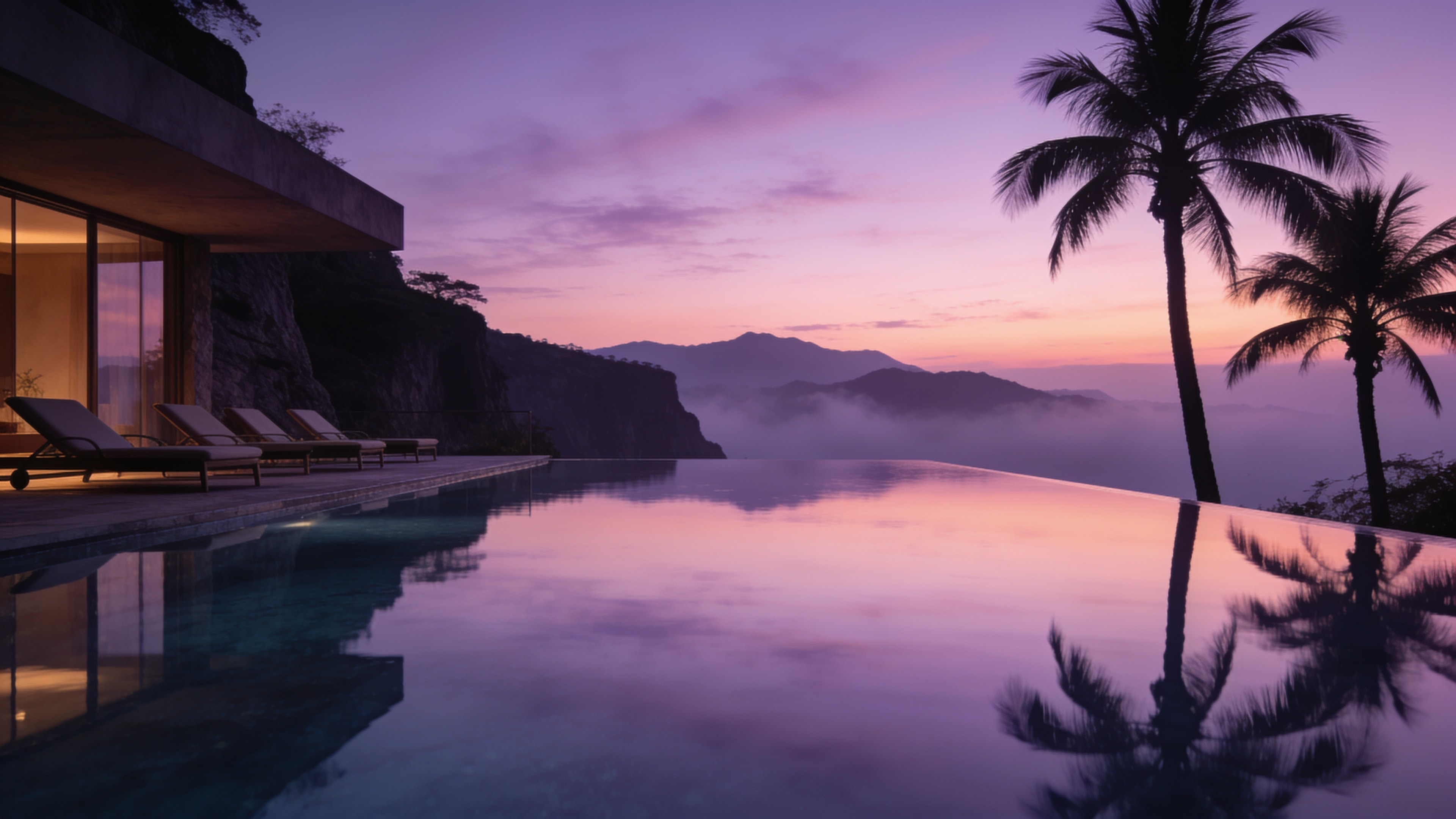 Infinity pool at dusk overlooking misty mountains